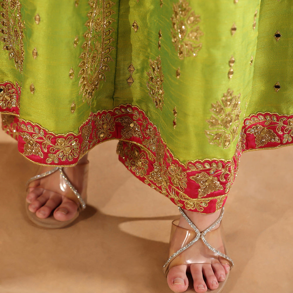 Mehendi Green Dupion Silk Anarkali With Mirror Work Paired With Champagne Gold Silk Dupatta - image 8