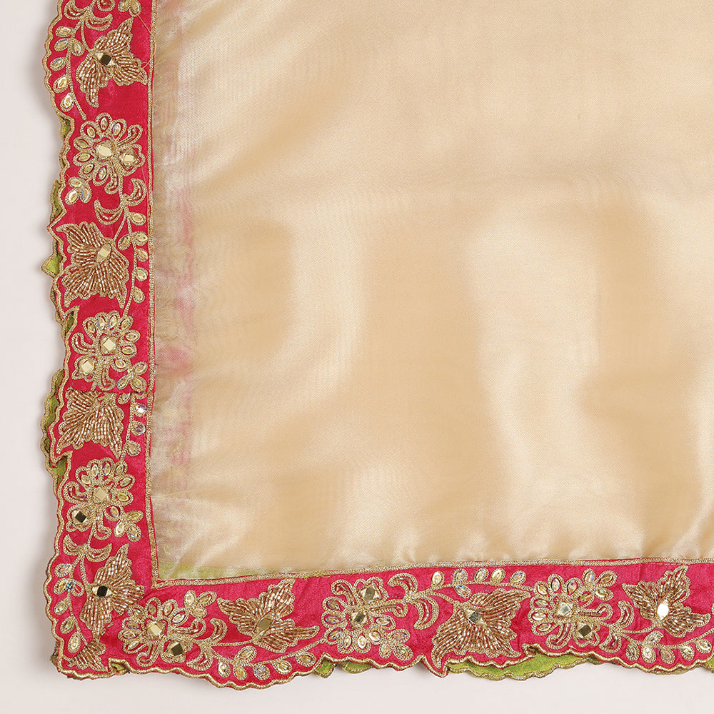 Mehendi Green Dupion Silk Anarkali With Mirror Work Paired With Champagne Gold Silk Dupatta - image 9