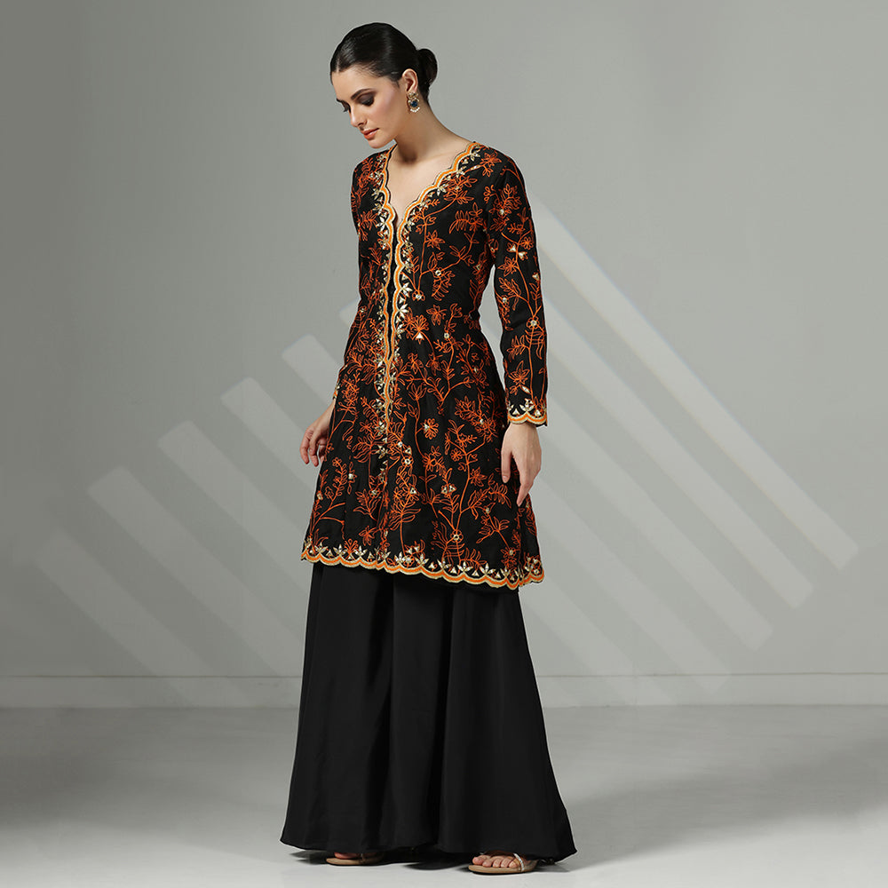 A Black Open-Front Flared Jacket Paired With A Flowing Black Sharara, Rust Orange Floral Embroidery Mirror Work - image 3