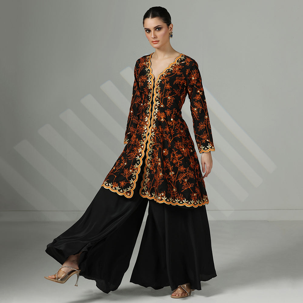 A Black Open-Front Flared Jacket Paired With A Flowing Black Sharara, Rust Orange Floral Embroidery Mirror Work - image 4