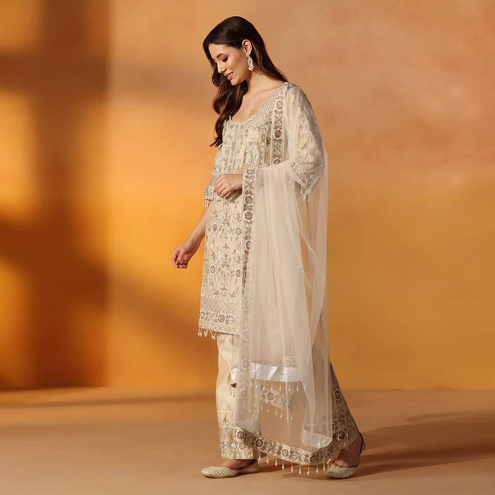 Soft Beige-Gold Suit With Floral Thread Work & Sequin Embroidery, Paired With Matching Embroidered Straight Pants & Sheer Net Dupatta - image 3