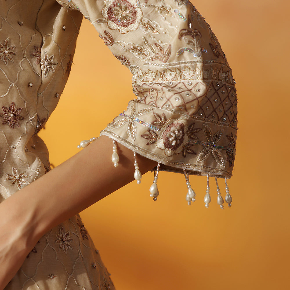 Soft Beige-Gold Suit With Floral Thread Work & Sequin Embroidery, Paired With Matching Embroidered Straight Pants & Sheer Net Dupatta - image 7