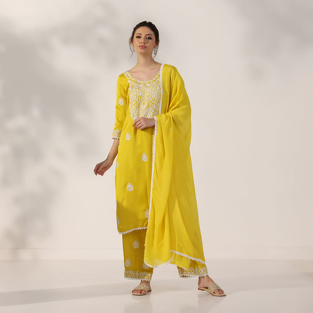 Mustard Yellow Suit With White Thread-Embroidered Yoke & Scattered Motifs, Paired With Matching Embroidered Pants & Lace-Trimmed Dupatta - image 1