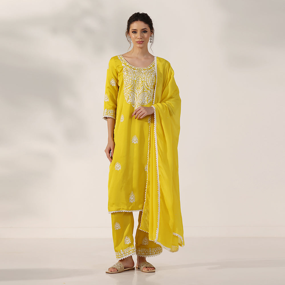 Mustard Yellow Suit With White Thread-Embroidered Yoke & Scattered Motifs, Paired With Matching Embroidered Pants & Lace-Trimmed Dupatta - image 2