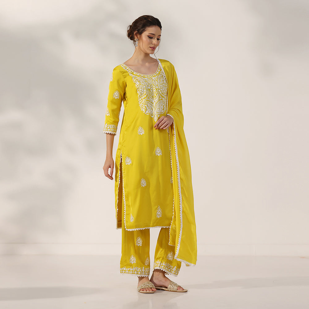 Mustard Yellow Suit With White Thread-Embroidered Yoke & Scattered Motifs, Paired With Matching Embroidered Pants & Lace-Trimmed Dupatta - image 3