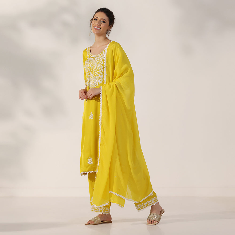 Mustard Yellow Suit With White Thread-Embroidered Yoke & Scattered Motifs, Paired With Matching Embroidered Pants & Lace-Trimmed Dupatta - image 4