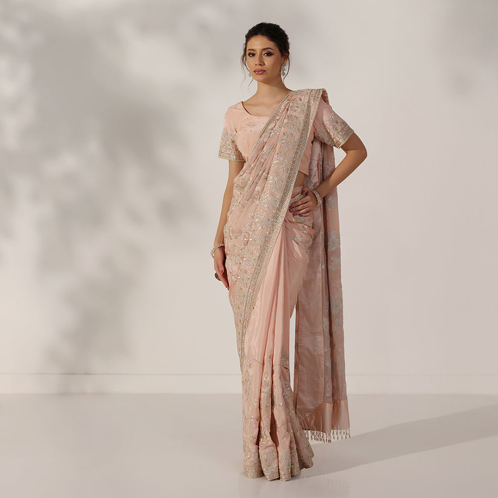 Dusty Rose Peach Saree With Delicate Floral Embroidery, Gold Zari Border, & Matching Embroidered Blouse - image 1
