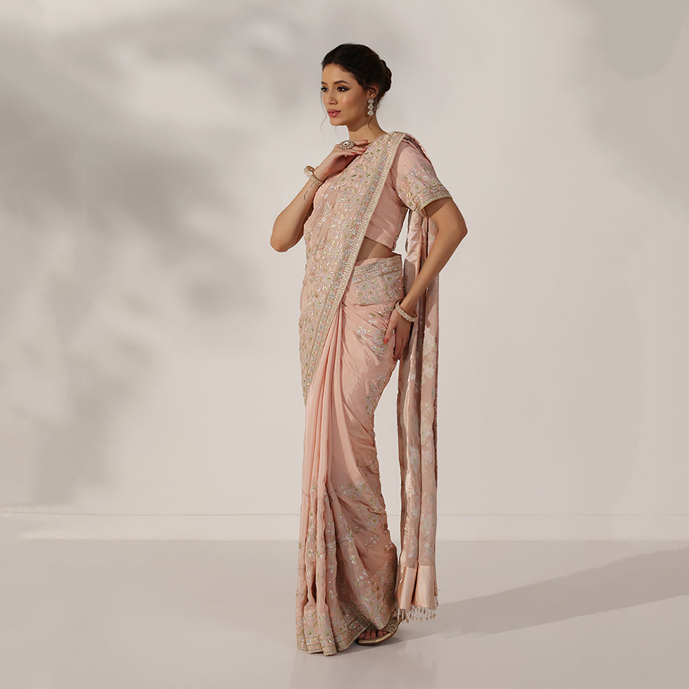 Dusty Rose Peach Saree With Delicate Floral Embroidery, Gold Zari Border, & Matching Embroidered Blouse - image 3