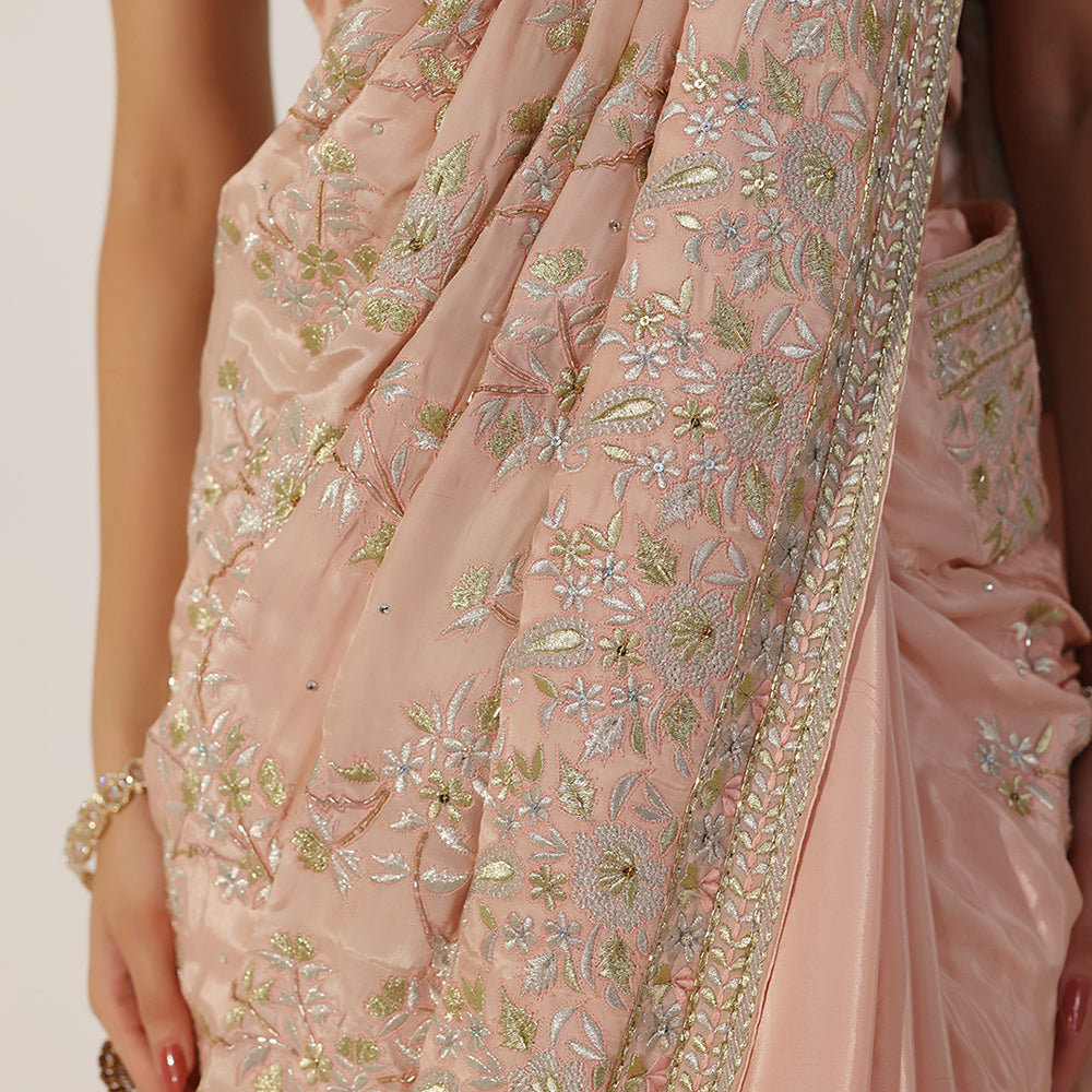 Dusty Rose Peach Saree With Delicate Floral Embroidery, Gold Zari Border, & Matching Embroidered Blouse - image 5
