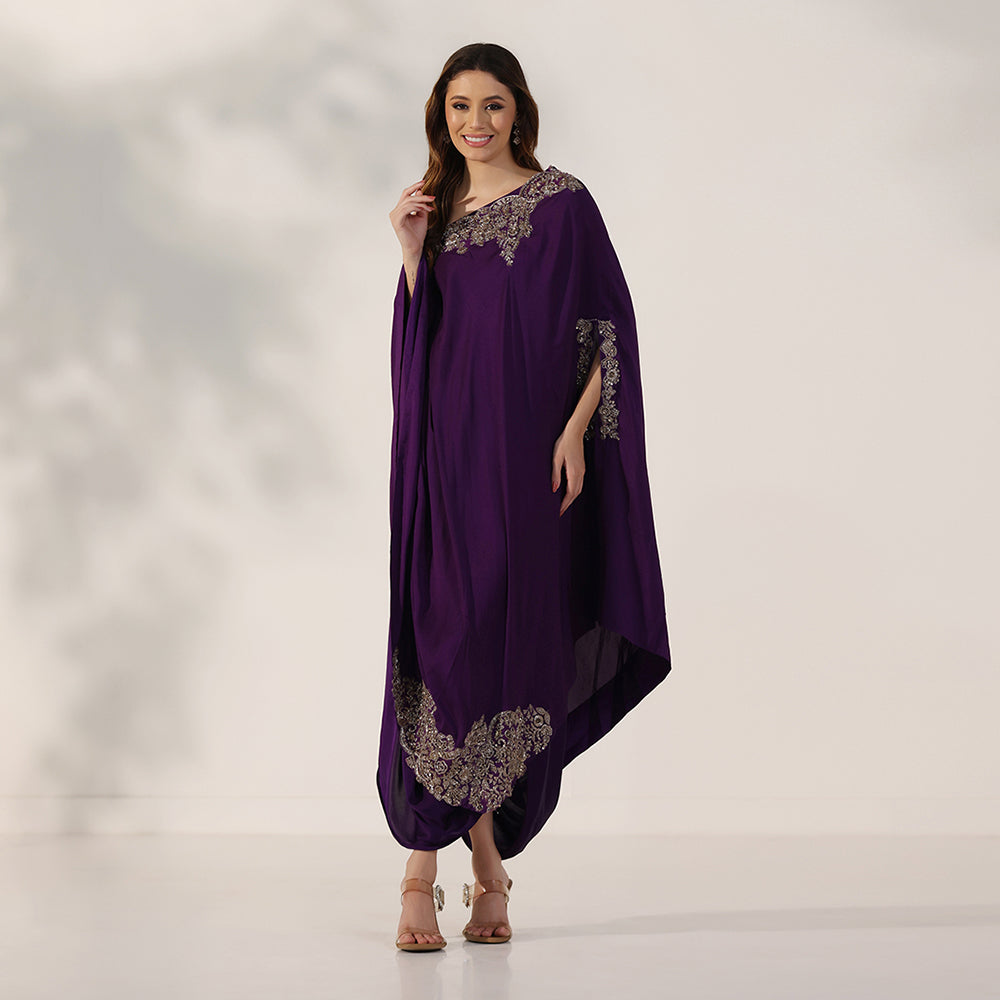 Deep Purple Draped Kaftan Dress With Dabka Work Embroidery, Featuring Flowing Cape Sleeves & Cowl-Style Hem, Paired With Draped Skirt - image 1