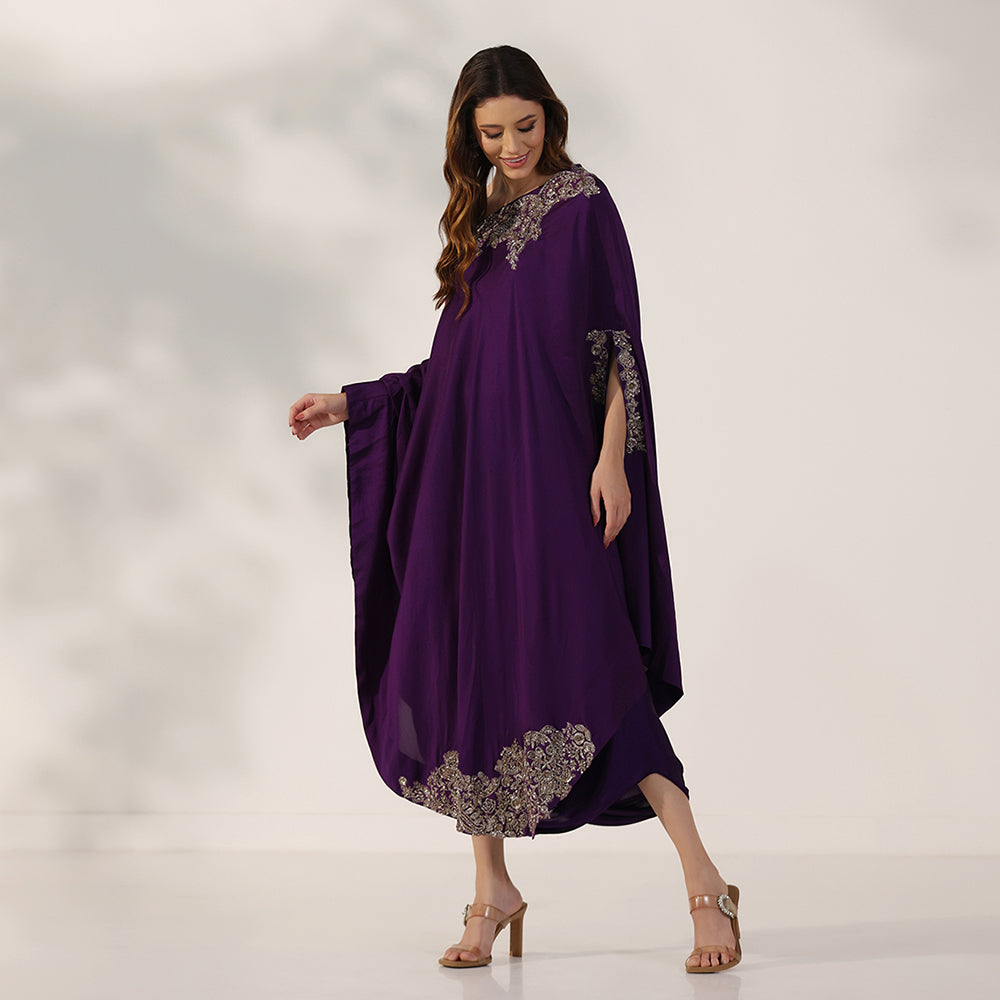Deep Purple Draped Kaftan Dress With Dabka Work Embroidery, Featuring Flowing Cape Sleeves & Cowl-Style Hem, Paired With Draped Skirt - image 3