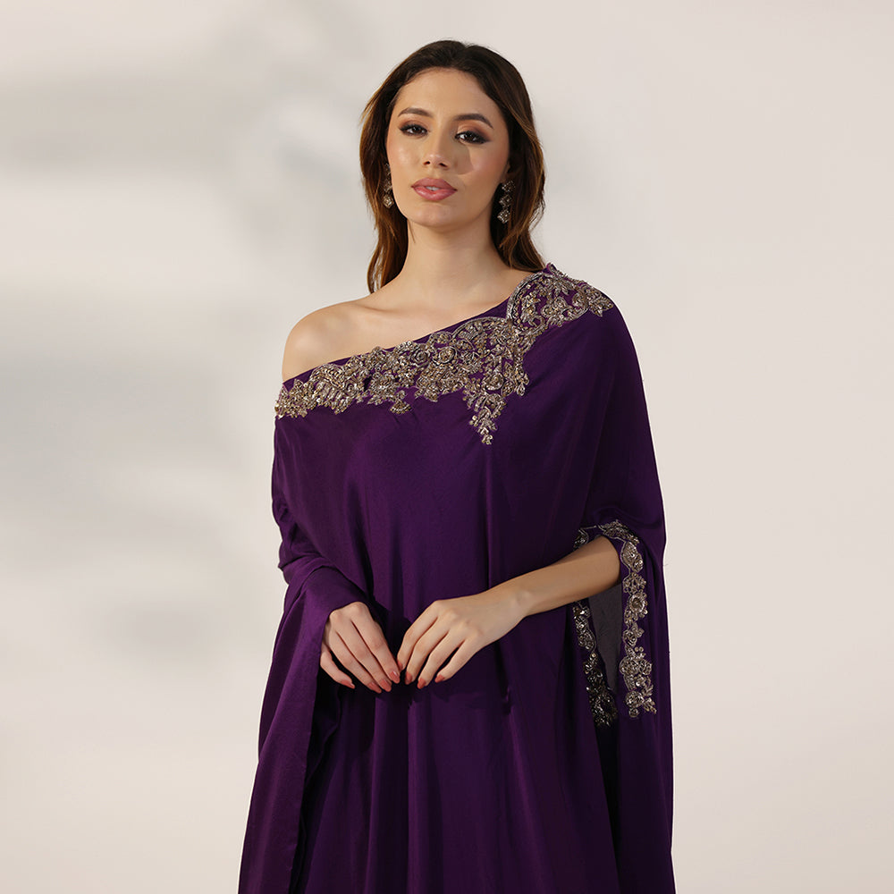 Deep Purple Draped Kaftan Dress With Dabka Work Embroidery, Featuring Flowing Cape Sleeves & Cowl-Style Hem, Paired With Draped Skirt - image 6