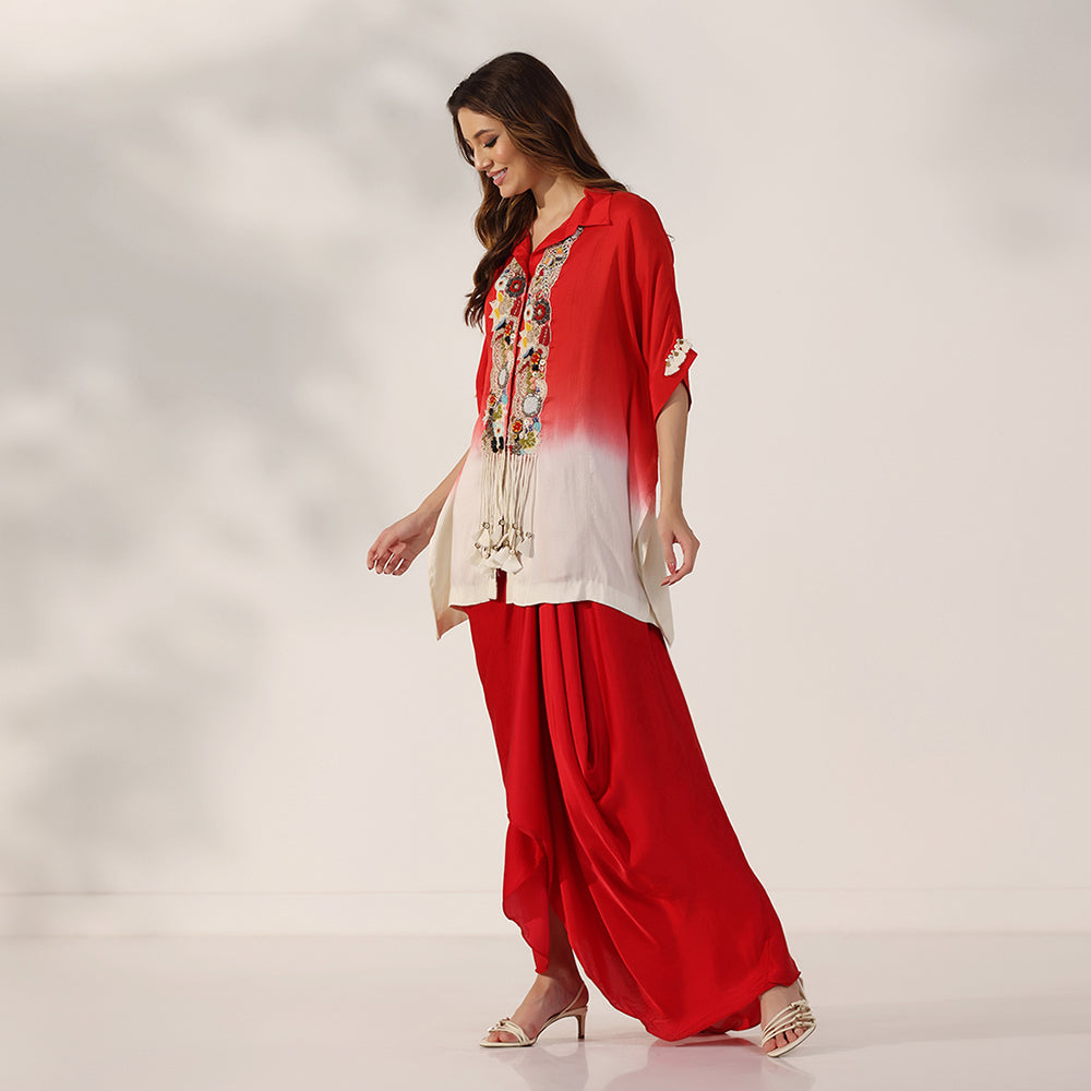 Red-To-Ivory Ombré Kaftan Shirt With Colorful Embroidered Placket & Tassel Details, Paired With Red Draped Skirt - image 3
