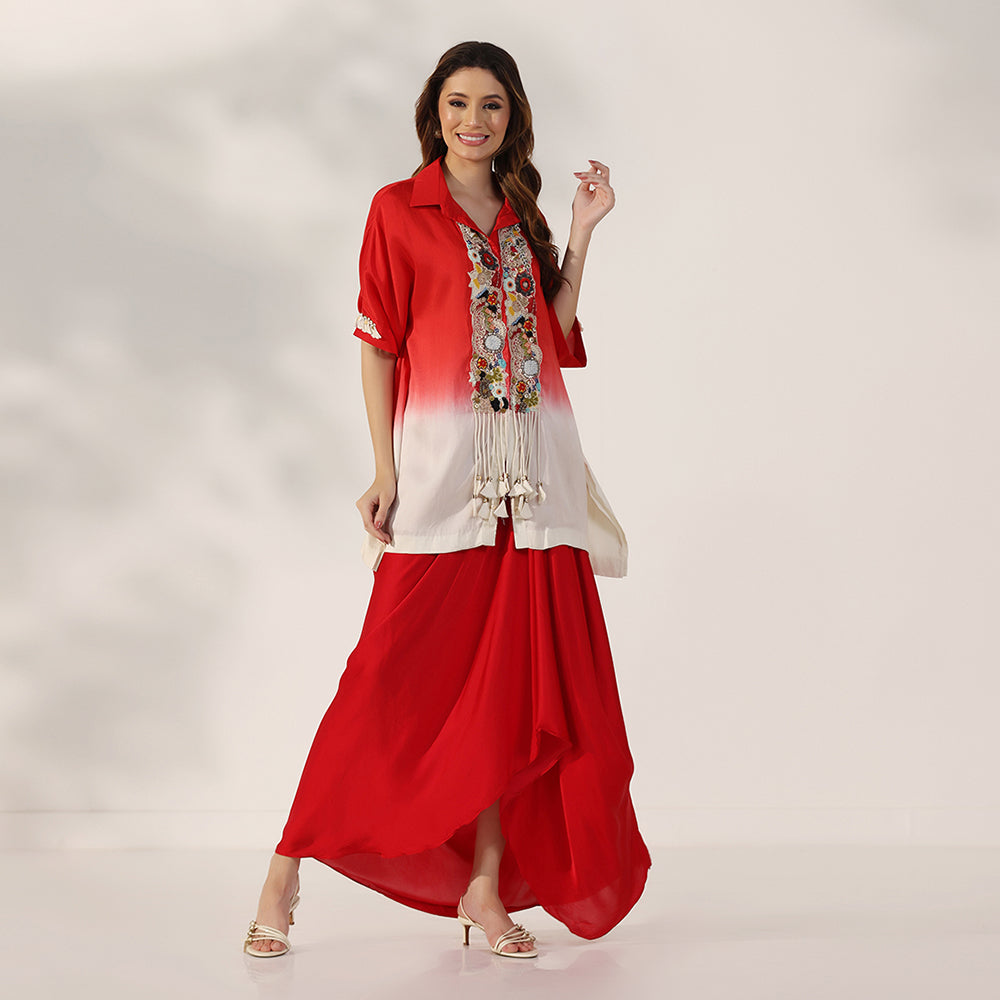 Red-To-Ivory Ombré Kaftan Shirt With Colorful Embroidered Placket & Tassel Details, Paired With Red Draped Skirt - image 4