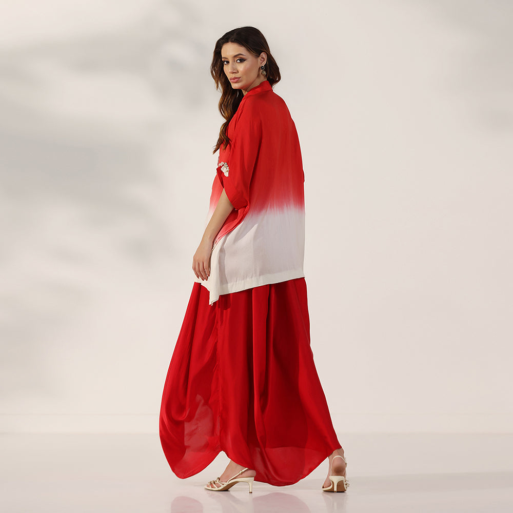 Red-To-Ivory Ombré Kaftan Shirt With Colorful Embroidered Placket & Tassel Details, Paired With Red Draped Skirt - image 5
