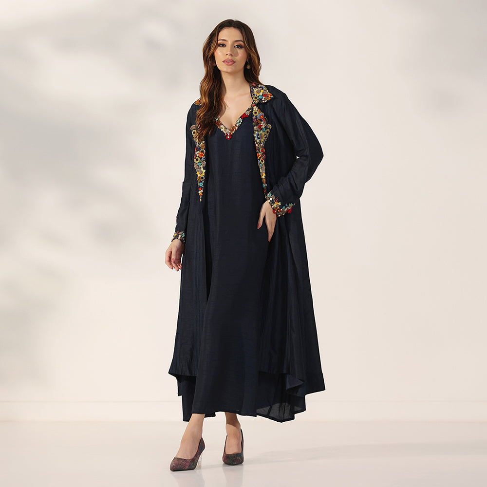 Midnight Navy Longline Jacket With Vibrant Multicolour Floral Embroidery On The Collar & Cuffs, Layered Over Matching V-Neck Inner Dress - image 1