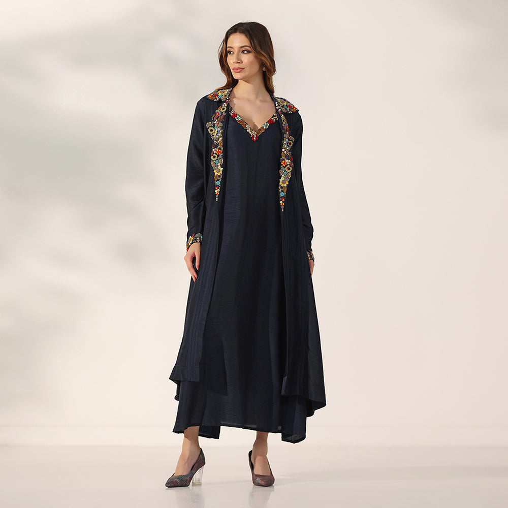 Midnight Navy Longline Jacket With Vibrant Multicolour Floral Embroidery On The Collar & Cuffs, Layered Over Matching V-Neck Inner Dress - image 2