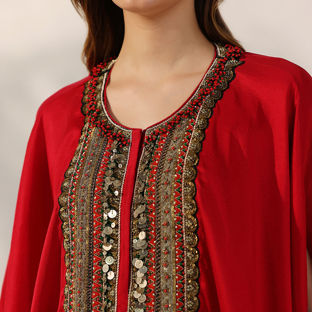 Red Flowing Cape-Style Top With An Embellished Yoke & Asymmetric Draped Sleeves, Paired With An Ivory Draped Skirt - image 6