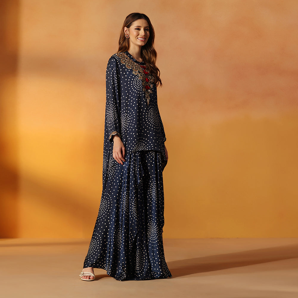 A Navy Blue Bandhani-Print Tunic With An Embroidered Yoke & Red Tassel Detailing - image 4