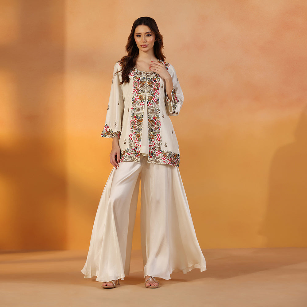 Ivory Open-Front Jacket With Vibrant Multicolour Floral Embroidery & Bead Detailing, Paired With A Flowing, Flared Sharara - image 1