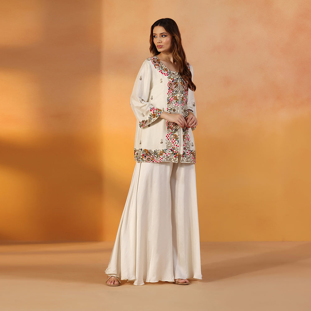 Ivory Open-Front Jacket With Vibrant Multicolour Floral Embroidery & Bead Detailing, Paired With A Flowing, Flared Sharara - image 2