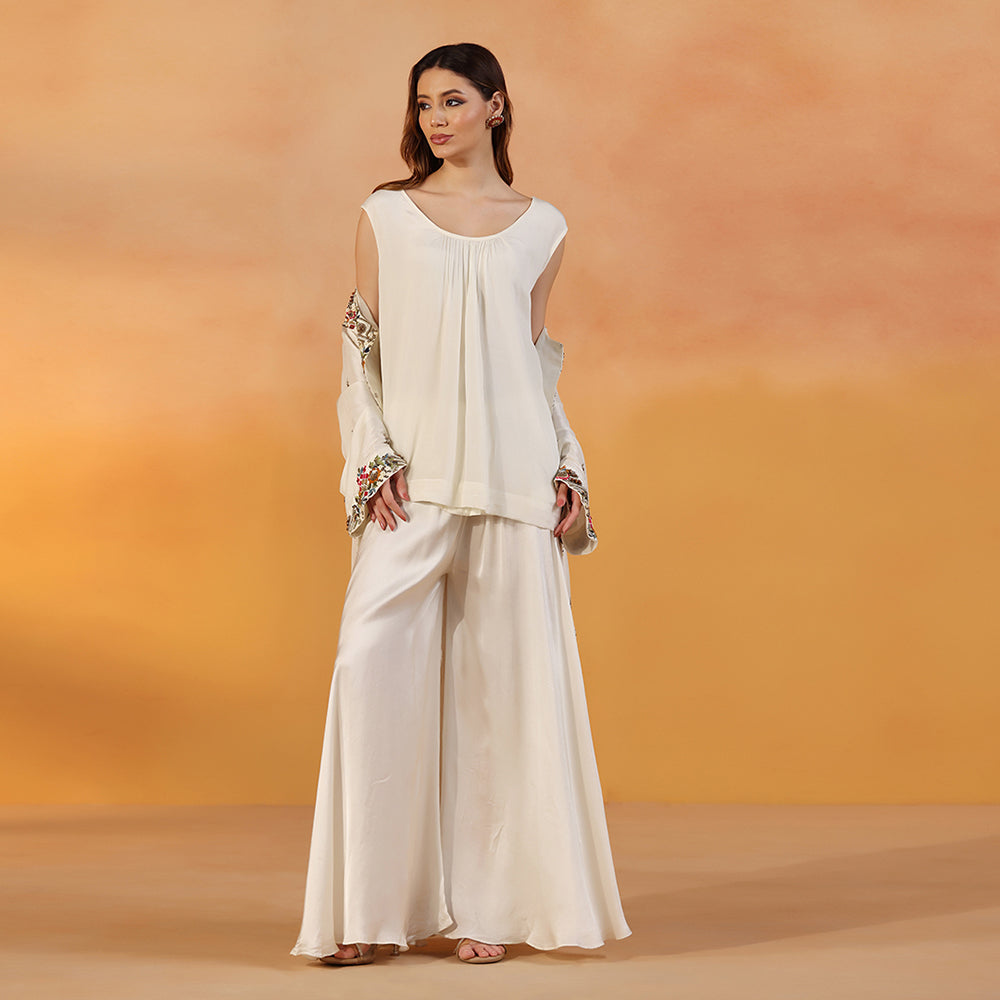 Ivory Open-Front Jacket With Vibrant Multicolour Floral Embroidery & Bead Detailing, Paired With A Flowing, Flared Sharara - image 8