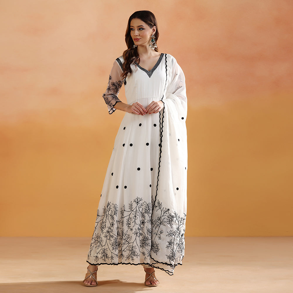 Off-White Anarkali With Black Floral Thread Embroidery, Polka Dot Detailing, & Sheer Embroidered Sleeves, Paired With A Scalloped-Edge Dupatta - image 1