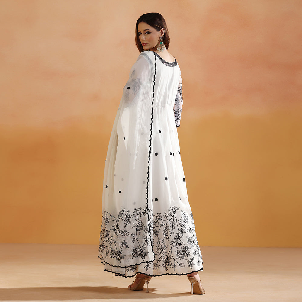 Off-White Anarkali With Black Floral Thread Embroidery, Polka Dot Detailing, & Sheer Embroidered Sleeves, Paired With A Scalloped-Edge Dupatta - image 3