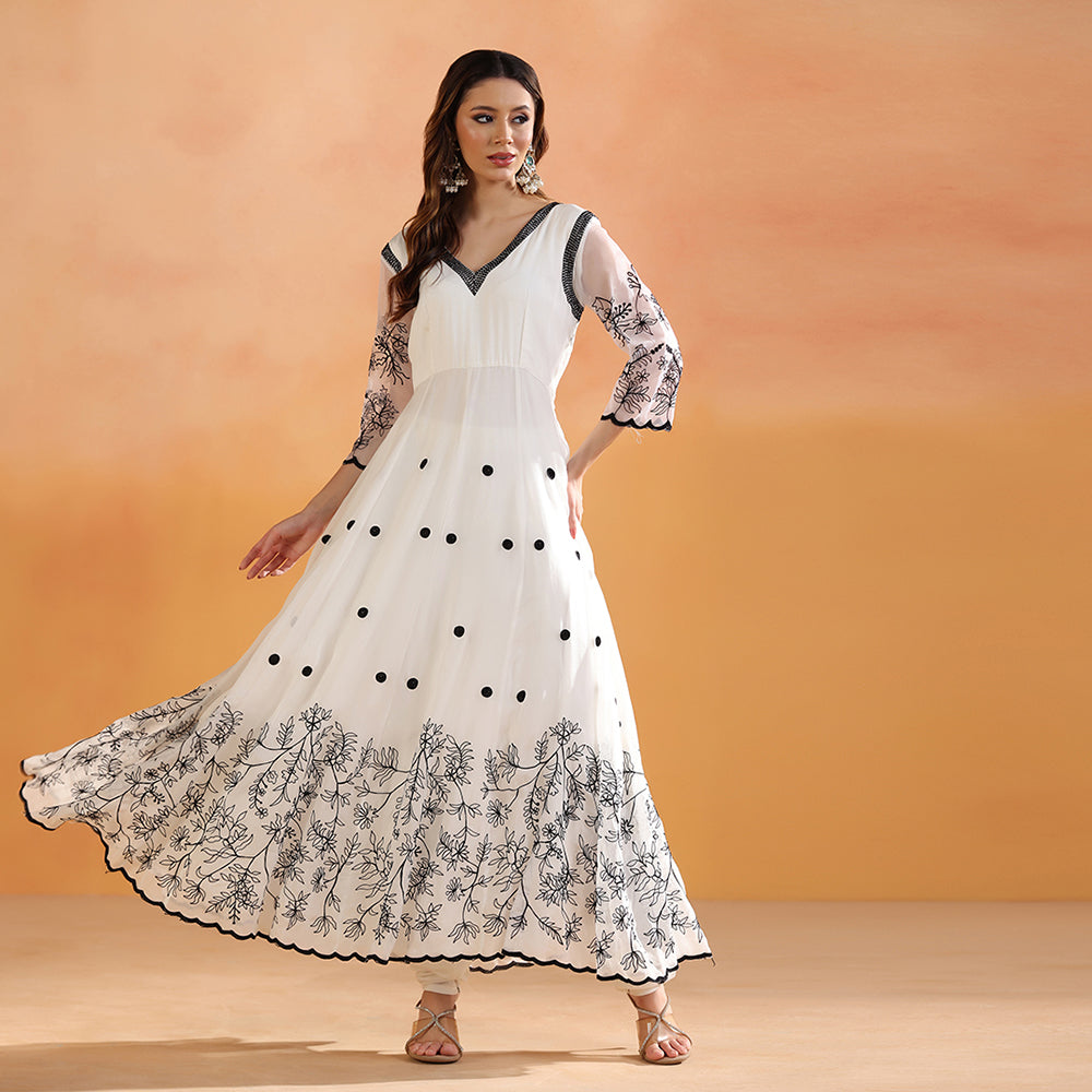 Off-White Anarkali With Black Floral Thread Embroidery, Polka Dot Detailing, & Sheer Embroidered Sleeves, Paired With A Scalloped-Edge Dupatta - image 5