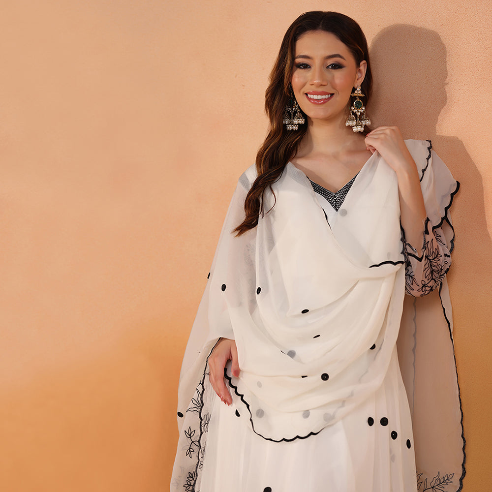 Off-White Anarkali With Black Floral Thread Embroidery, Polka Dot Detailing, & Sheer Embroidered Sleeves, Paired With A Scalloped-Edge Dupatta - image 6