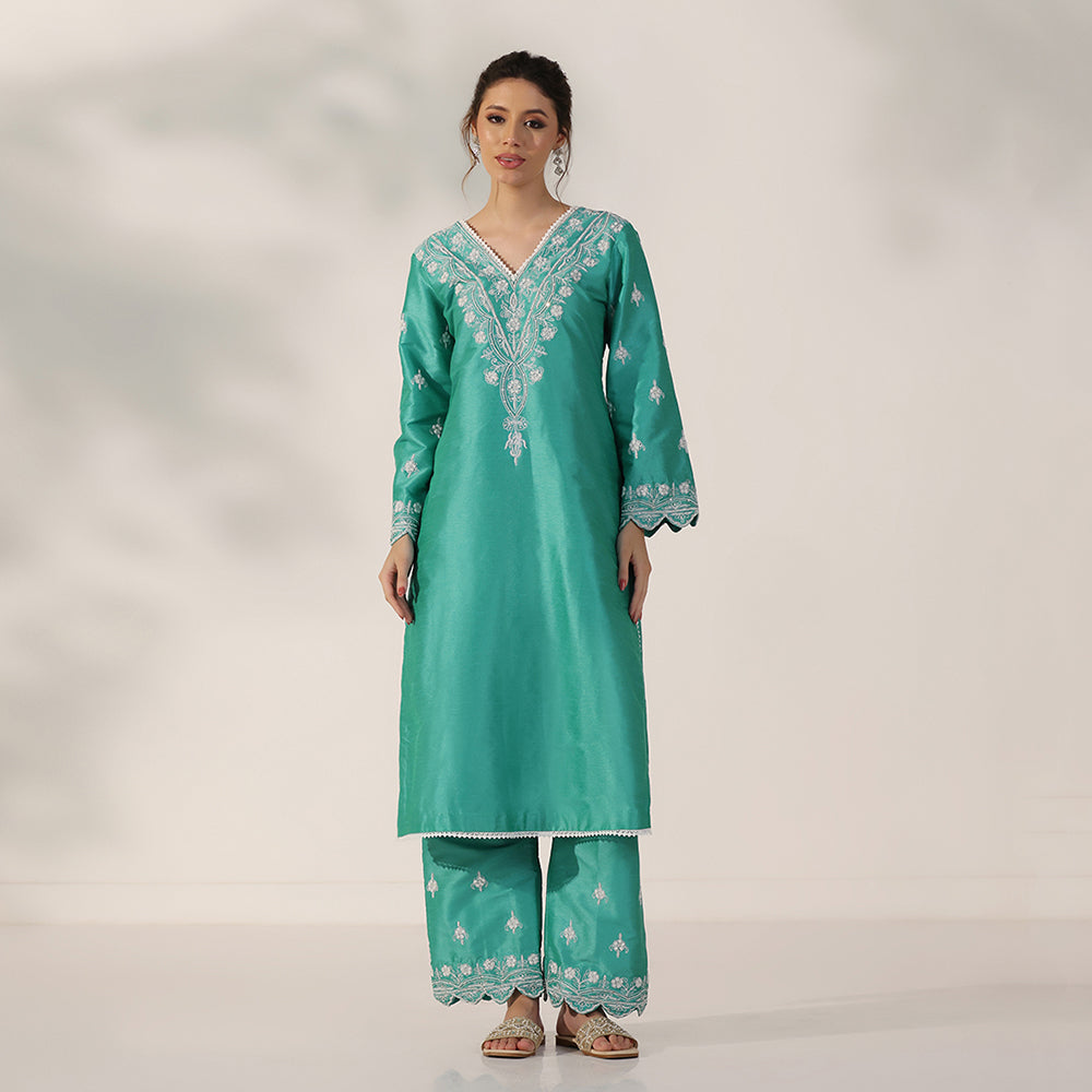 A Teal Green Suit With Flared Scalloped Sleeves & Matching Embroidered Pants, Paired With Scalloped-Edge Net Dupatta - image 3