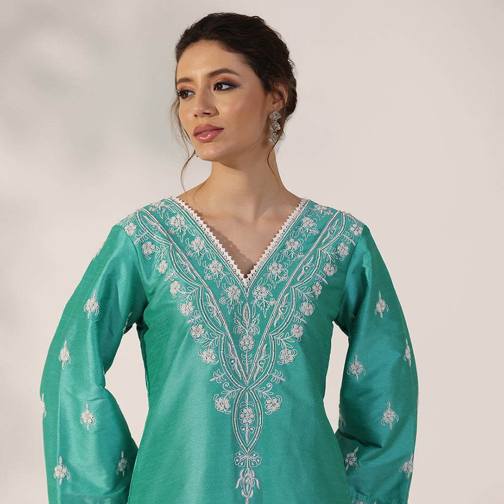 A Teal Green Suit With Flared Scalloped Sleeves & Matching Embroidered Pants, Paired With Scalloped-Edge Net Dupatta - image 5