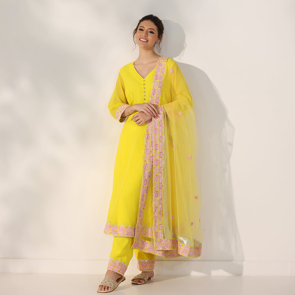 A-line Suit Set Featuring Pink Floral Embroidered Border, Paired With Matching Embroidered Dupatta - image 3
