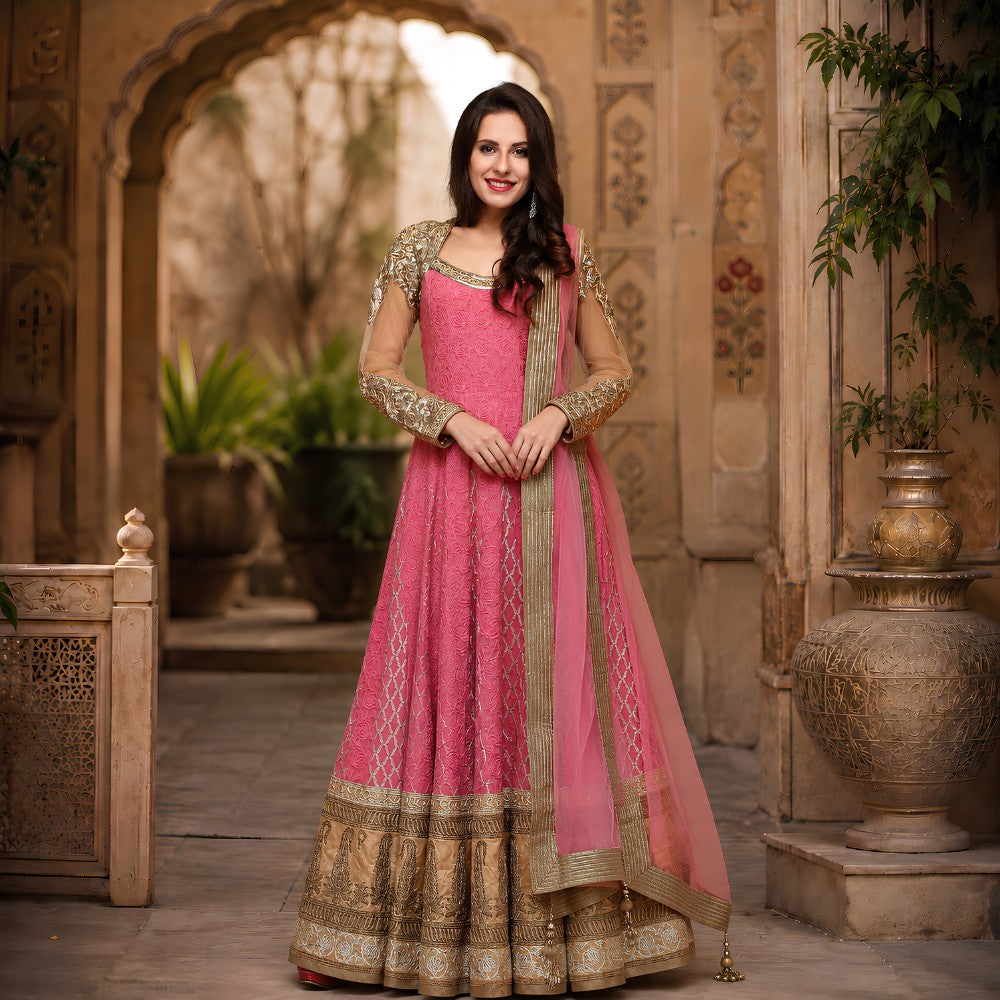 Pink Gold Embroidered Long Anarkali Set - image 1