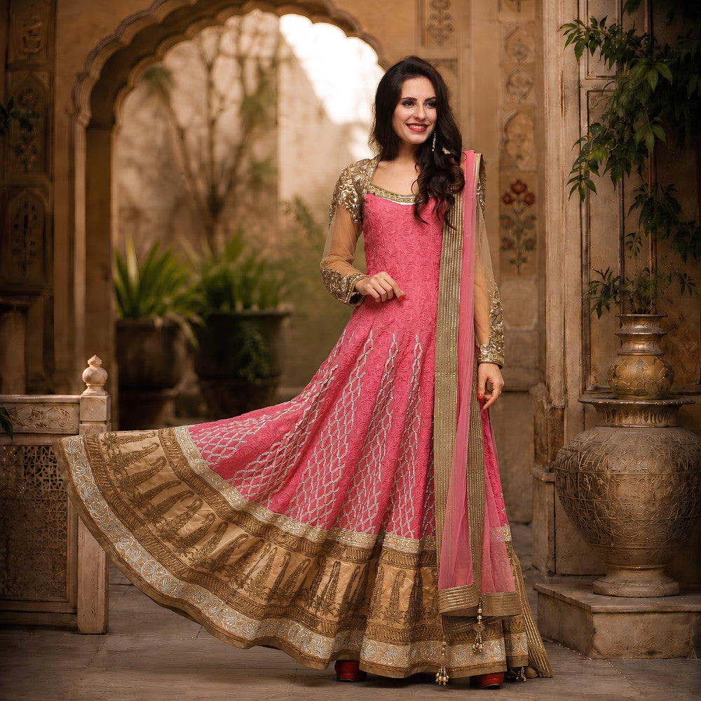 Pink Gold Embroidered Long Anarkali Set - image 3