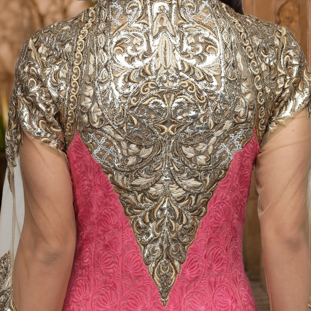 Pink Gold Embroidered Long Anarkali Set - image 6