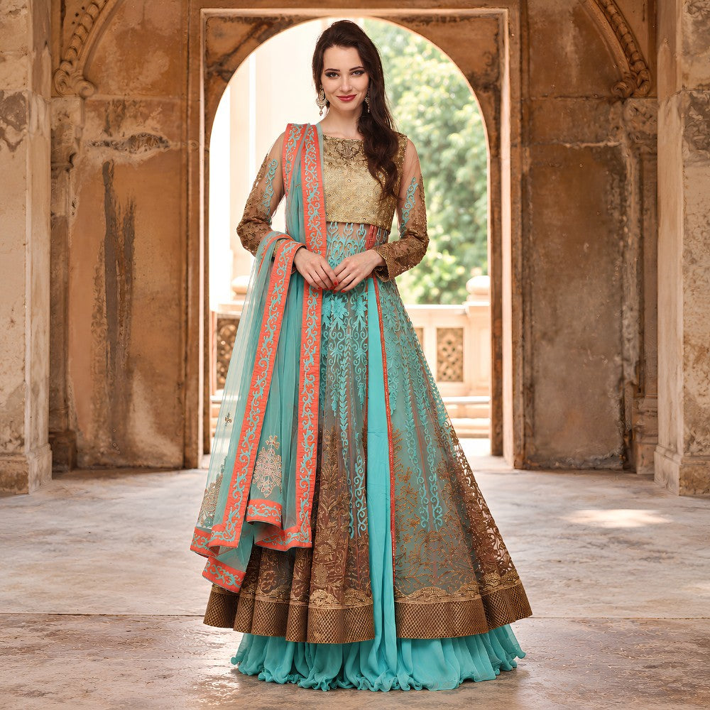 Turquoise Gold Embroidered Jacket Sharara Set - image 1