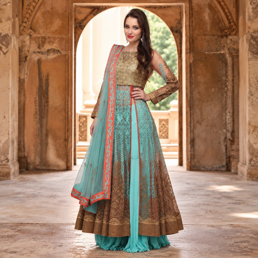 Turquoise Gold Embroidered Jacket Sharara Set - image 4