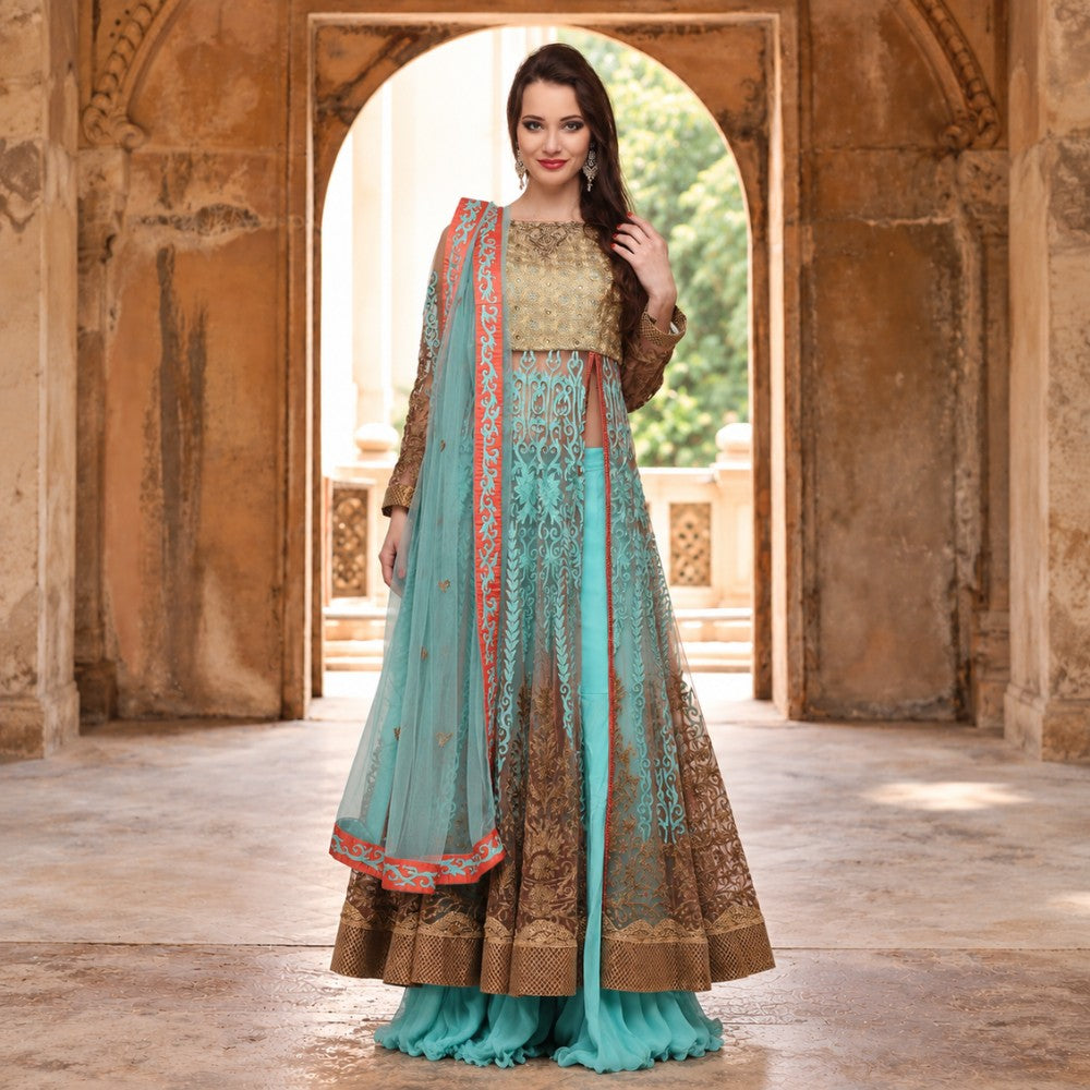Turquoise Gold Embroidered Jacket Sharara Set - image 5
