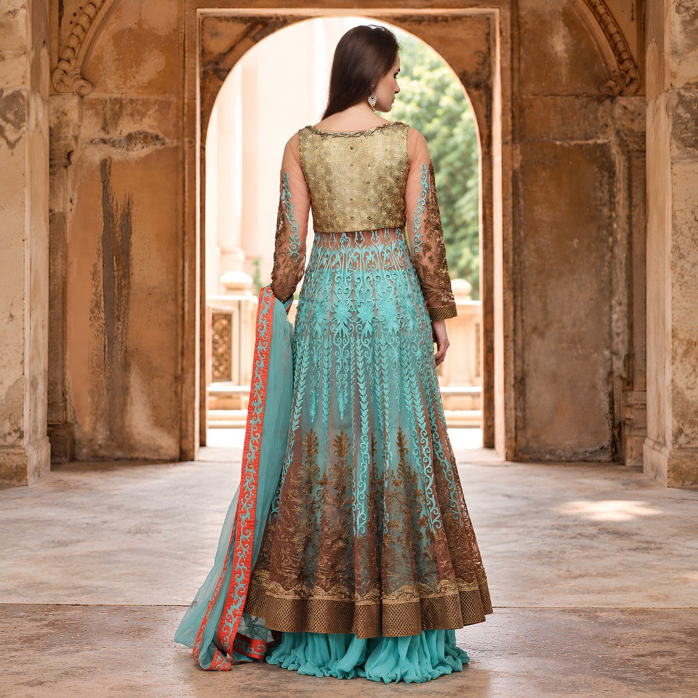 Turquoise Gold Embroidered Jacket Sharara Set - image 6