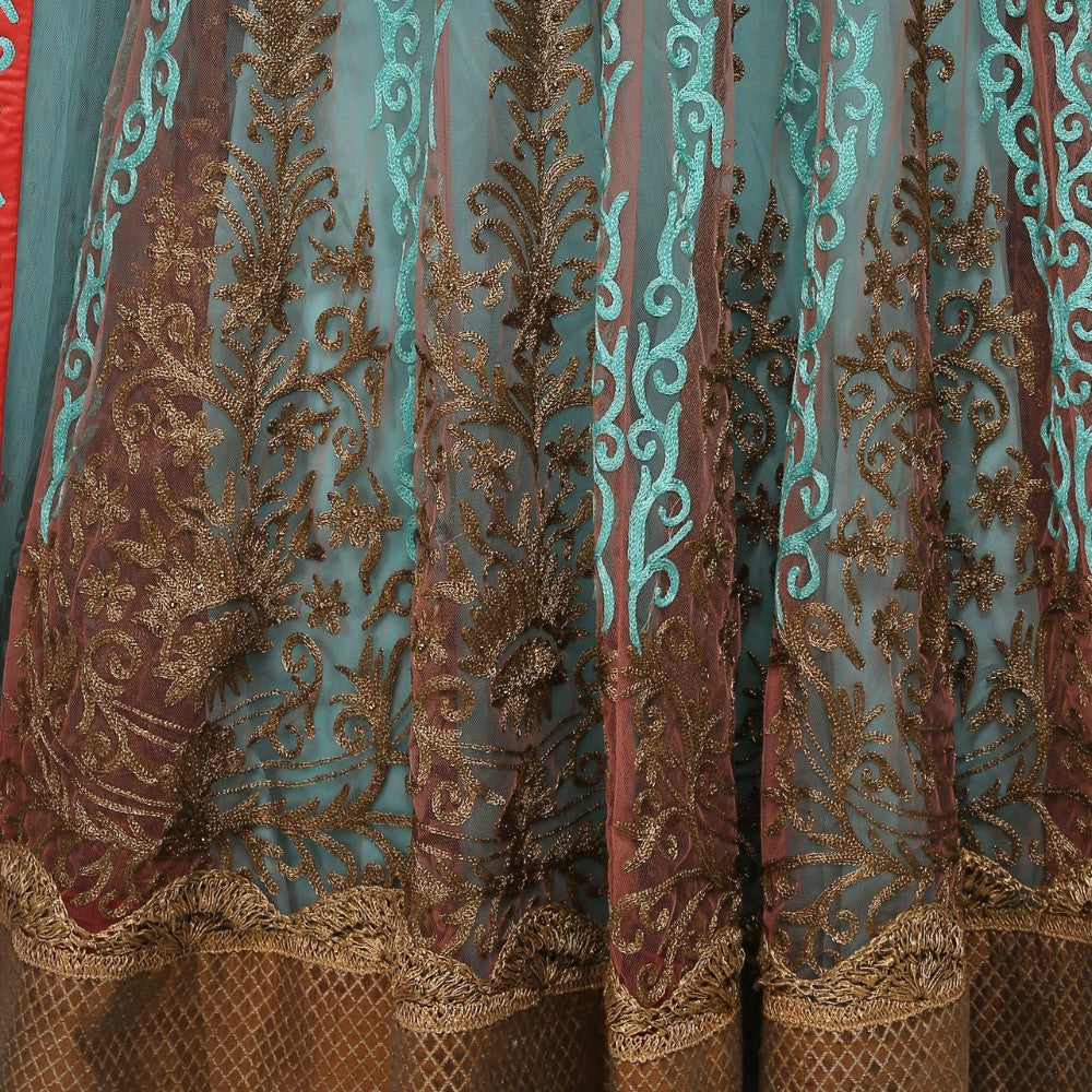 Turquoise Gold Embroidered Jacket Sharara Set - image 9