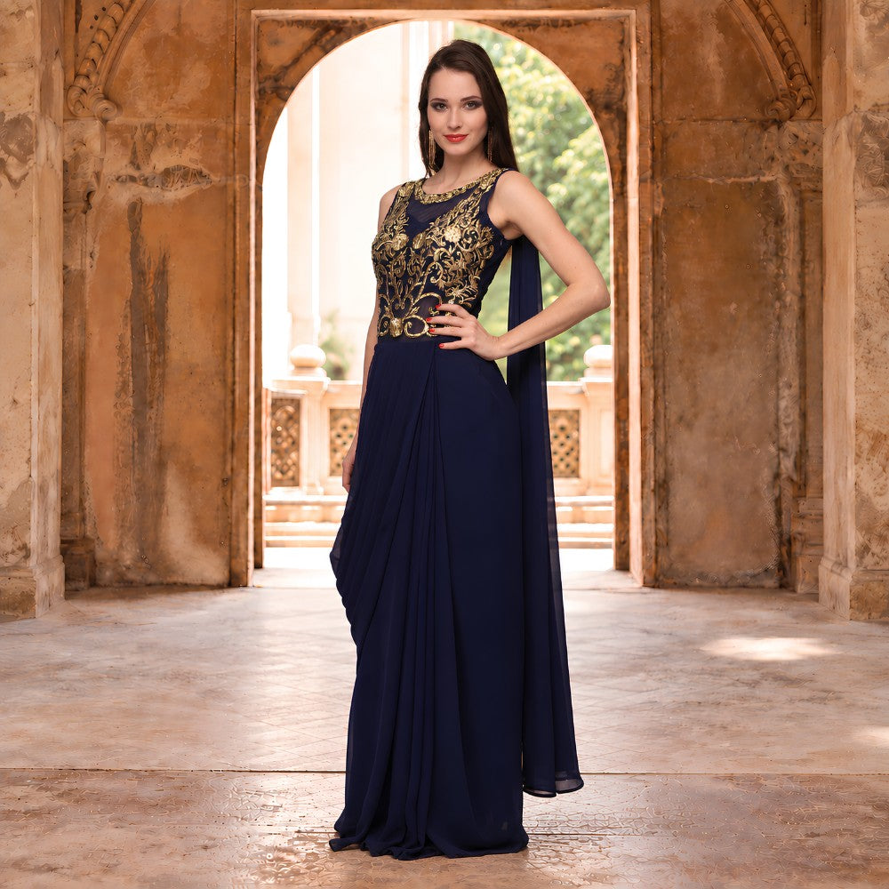 Navy Blue Georgette Gold Embroidered Drape Saree - image 4