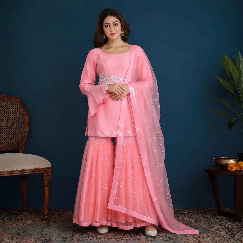 Pink Silk Embroidered Kurta Sharara Set - image 1