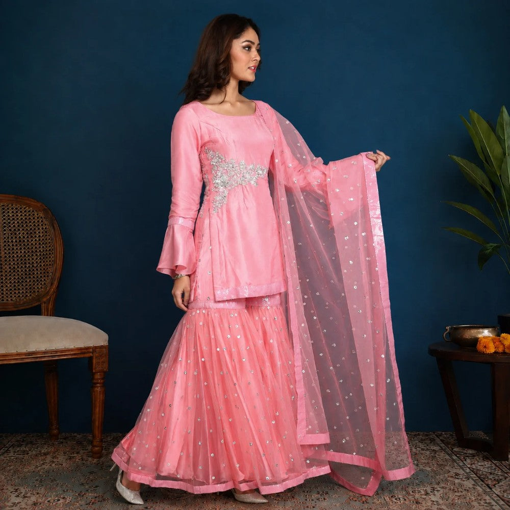 Pink Silk Embroidered Kurta Sharara Set - image 2