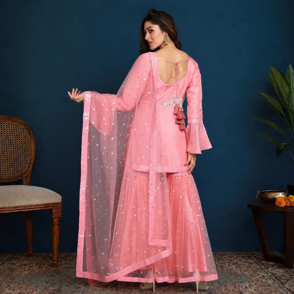 Pink Silk Embroidered Kurta Sharara Set - image 5
