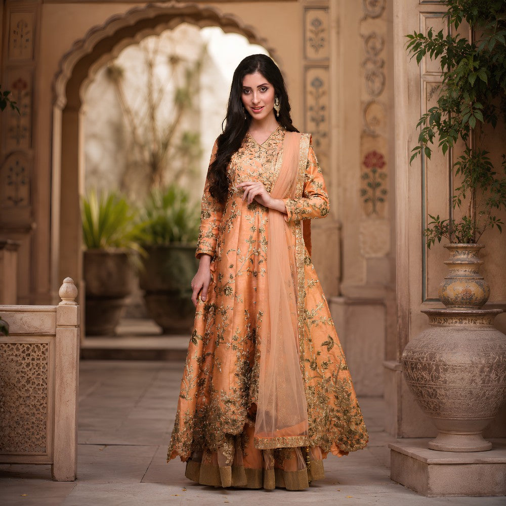 Peach Dupion Silk Embroidered Jacket Set with Skirt - image 1