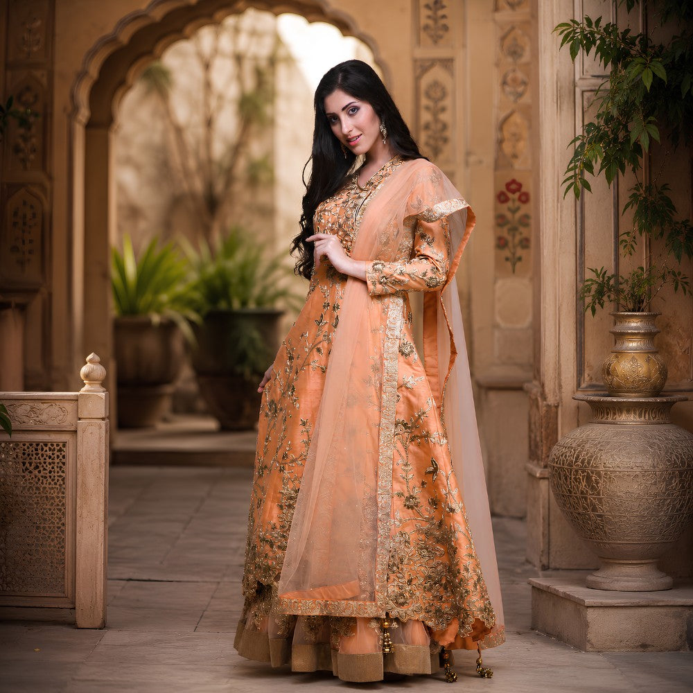 Peach Dupion Silk Embroidered Jacket Set with Skirt - image 2
