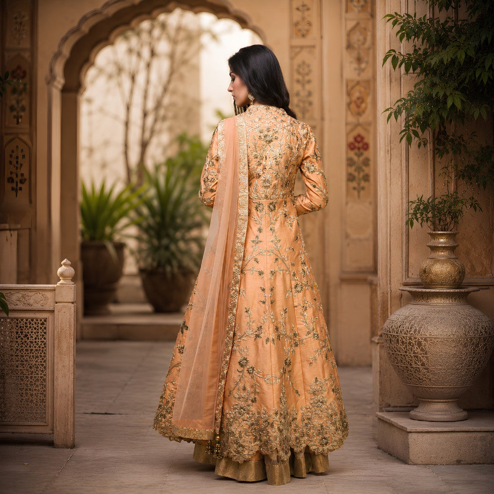 Peach Dupion Silk Embroidered Jacket Set with Skirt - image 5