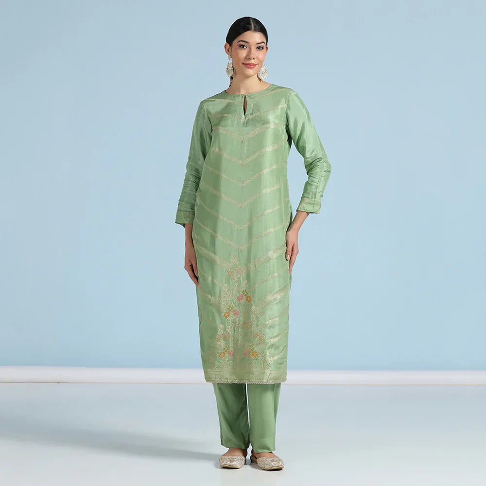 Green Banarasi Unstitched Suit