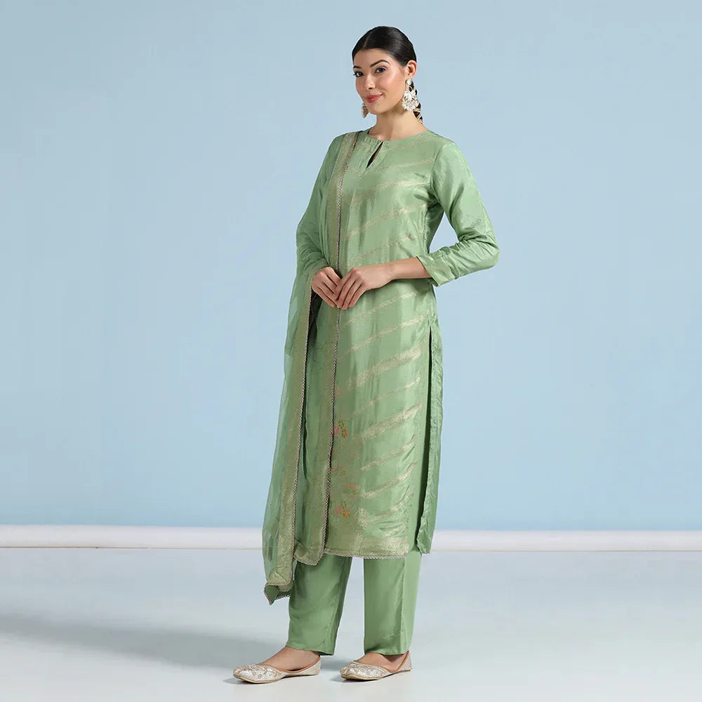 Green Banarasi Unstitched Suit